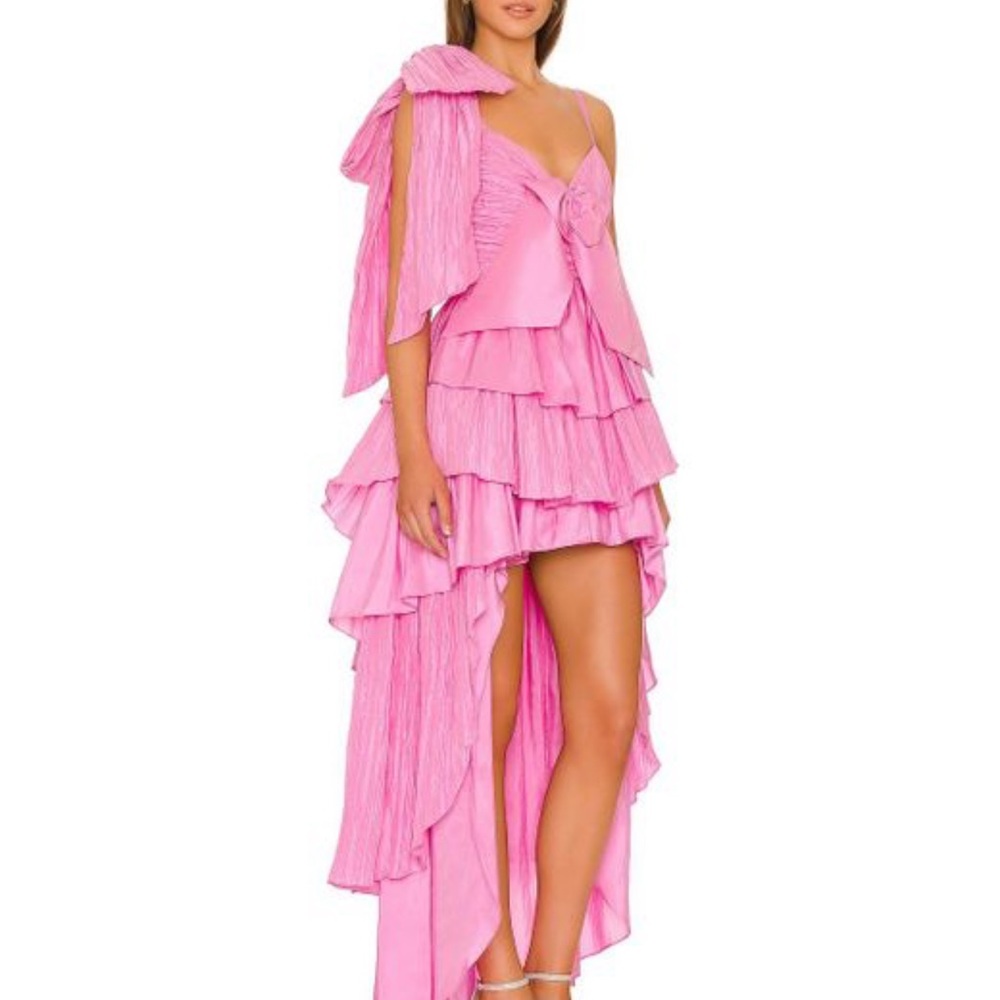 LoveShackFancy Raylene dress size 2 hot pink layered hi low dress bows